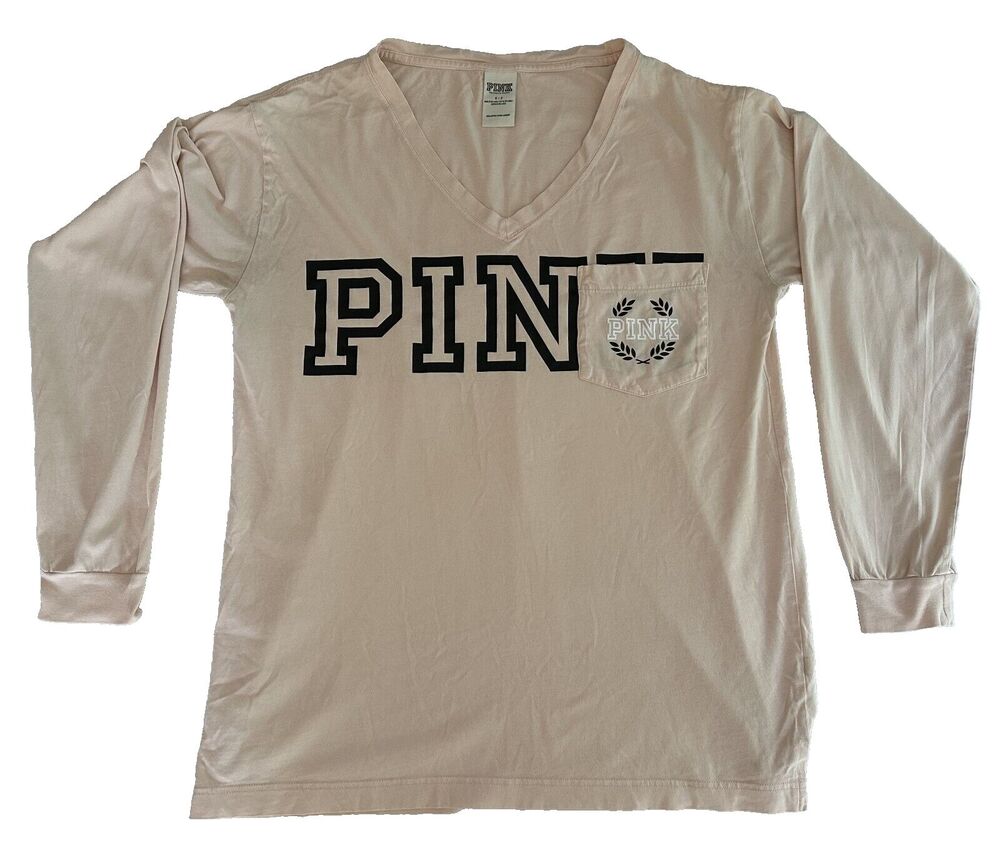 Victoria’s Secret PINK Spell-Out V-Neck Long Sleeve Pale Pink Shirt Size Small - Picture 5 of 8